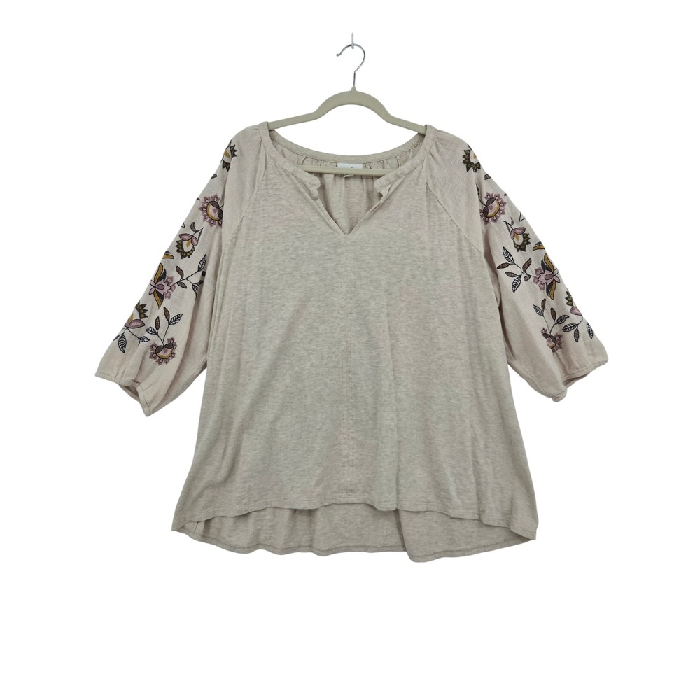 J. Jill Womens XL Petite Oatmeal Embroidered Floral Split Neck Boho Knit Top